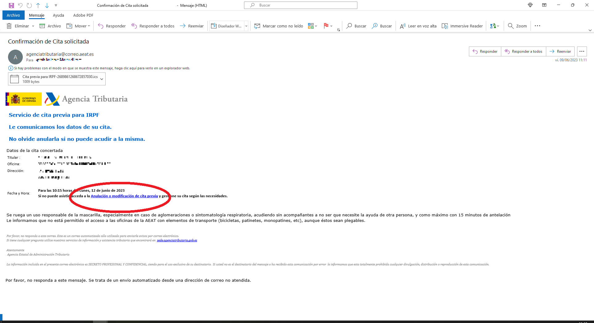 Anular o modificar cita previa en Hacienda por el correo de confirmación de cita